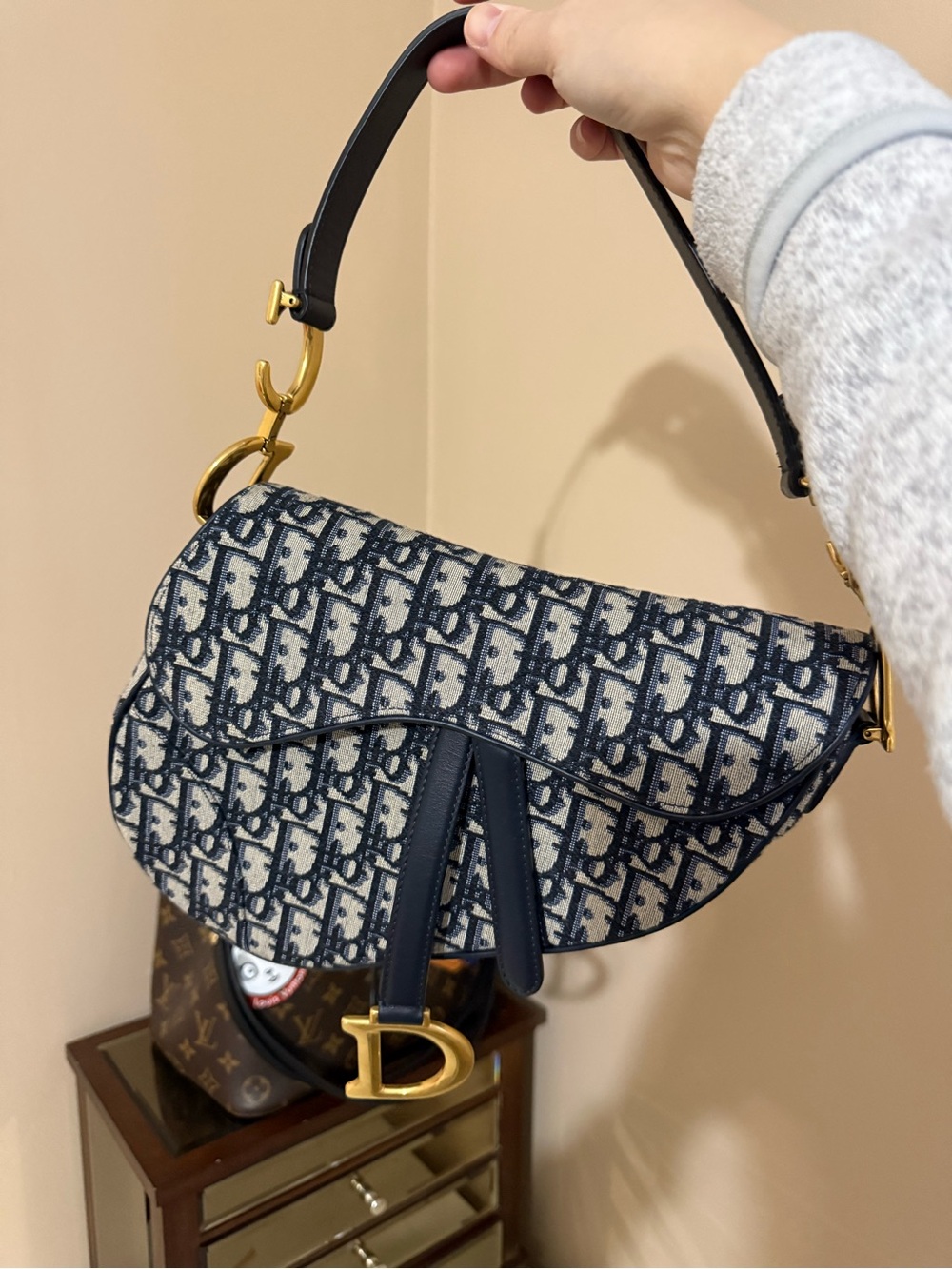 Dior Navy and Cream Saddle Shoulder Bag with Gold 'D' Charm